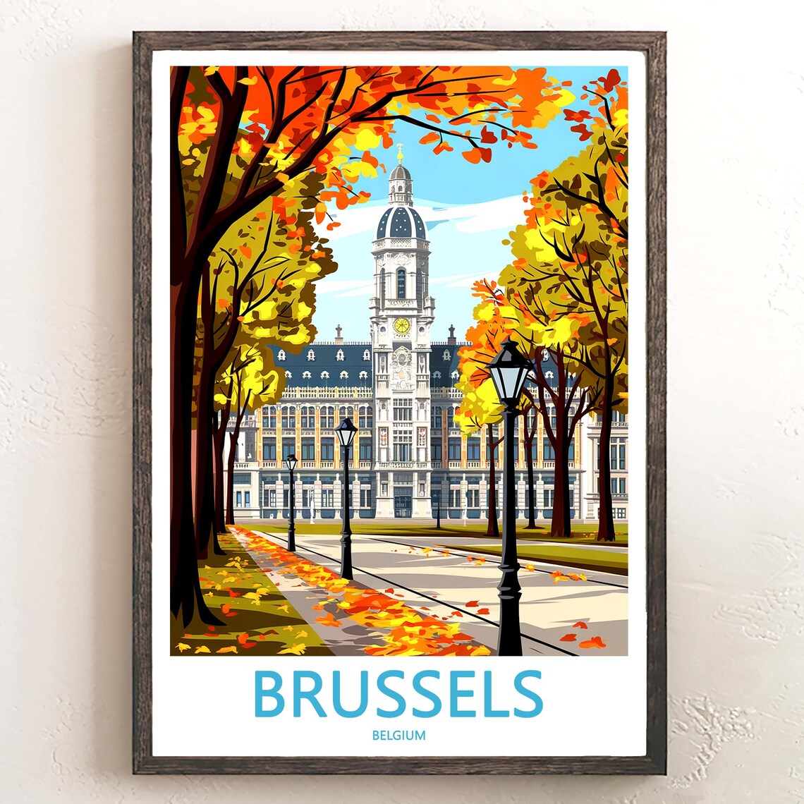 Brussels Belgium Clock Tower Autumn Avenue Fall Leaves Poster