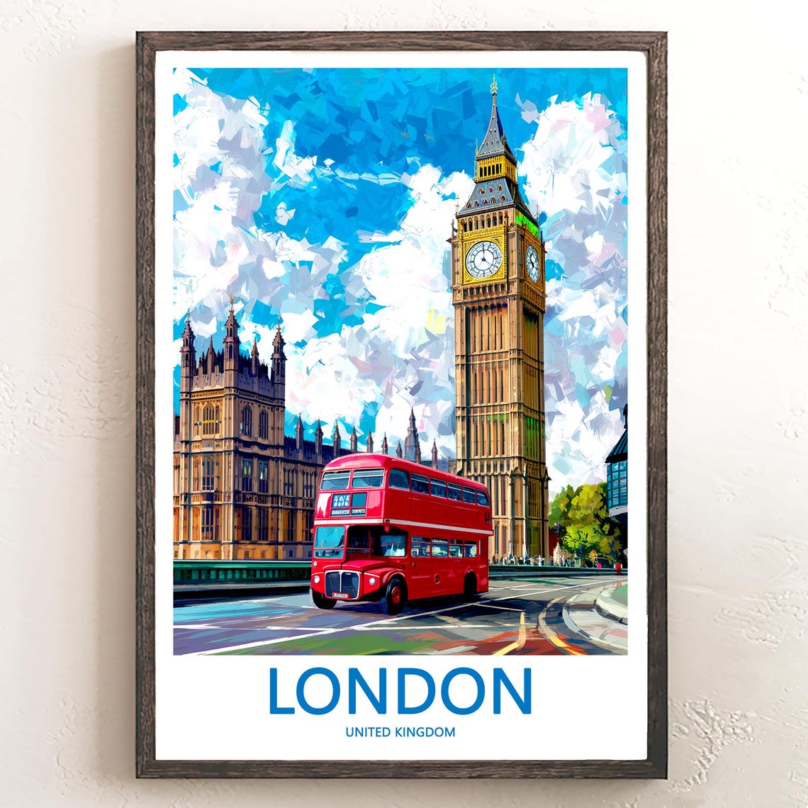 Big Ben Red Routemaster Bus Under a Bold Painterly Sky Poster