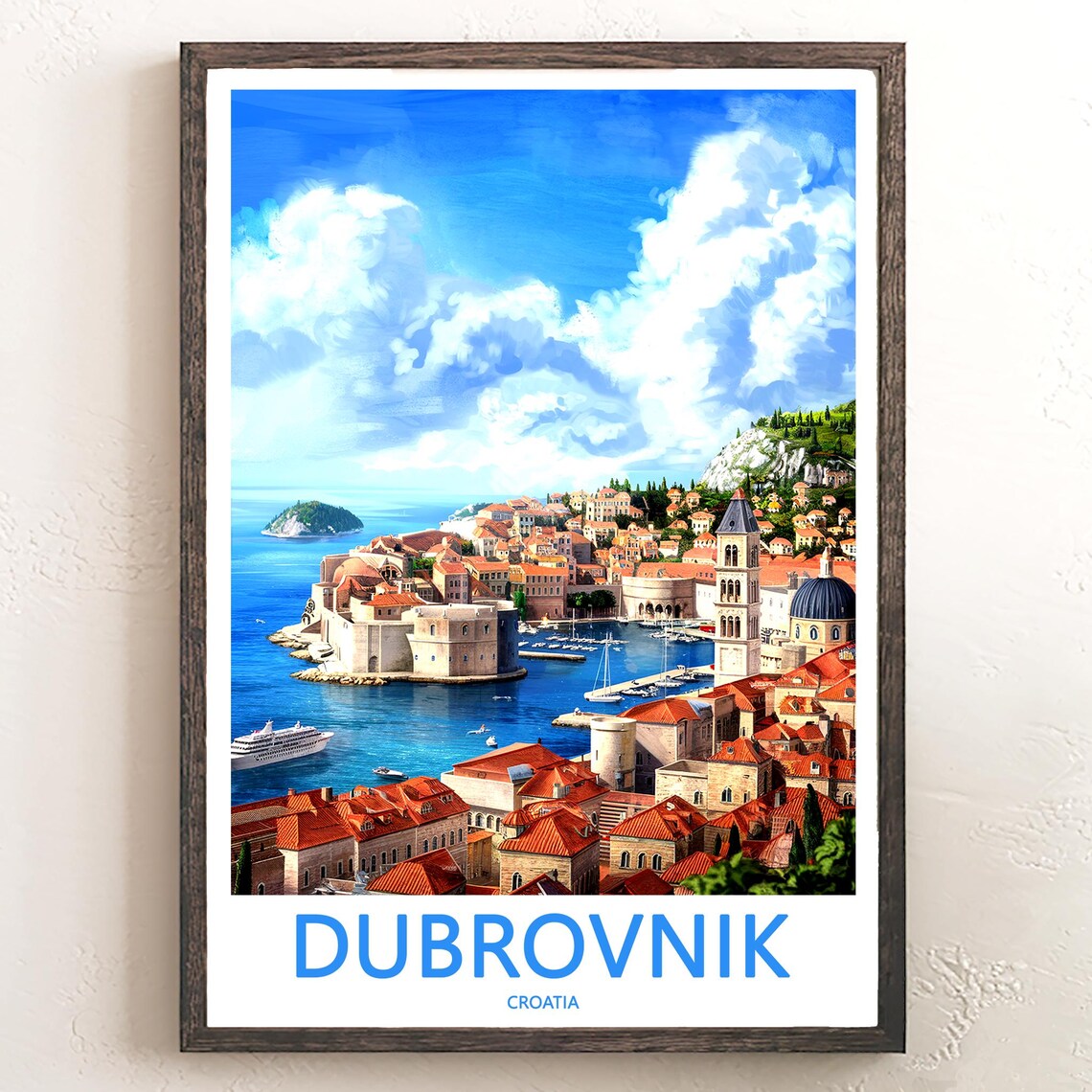 Dubrovnik Old Town Harbor Cruise Ship Illustration Travel Poster