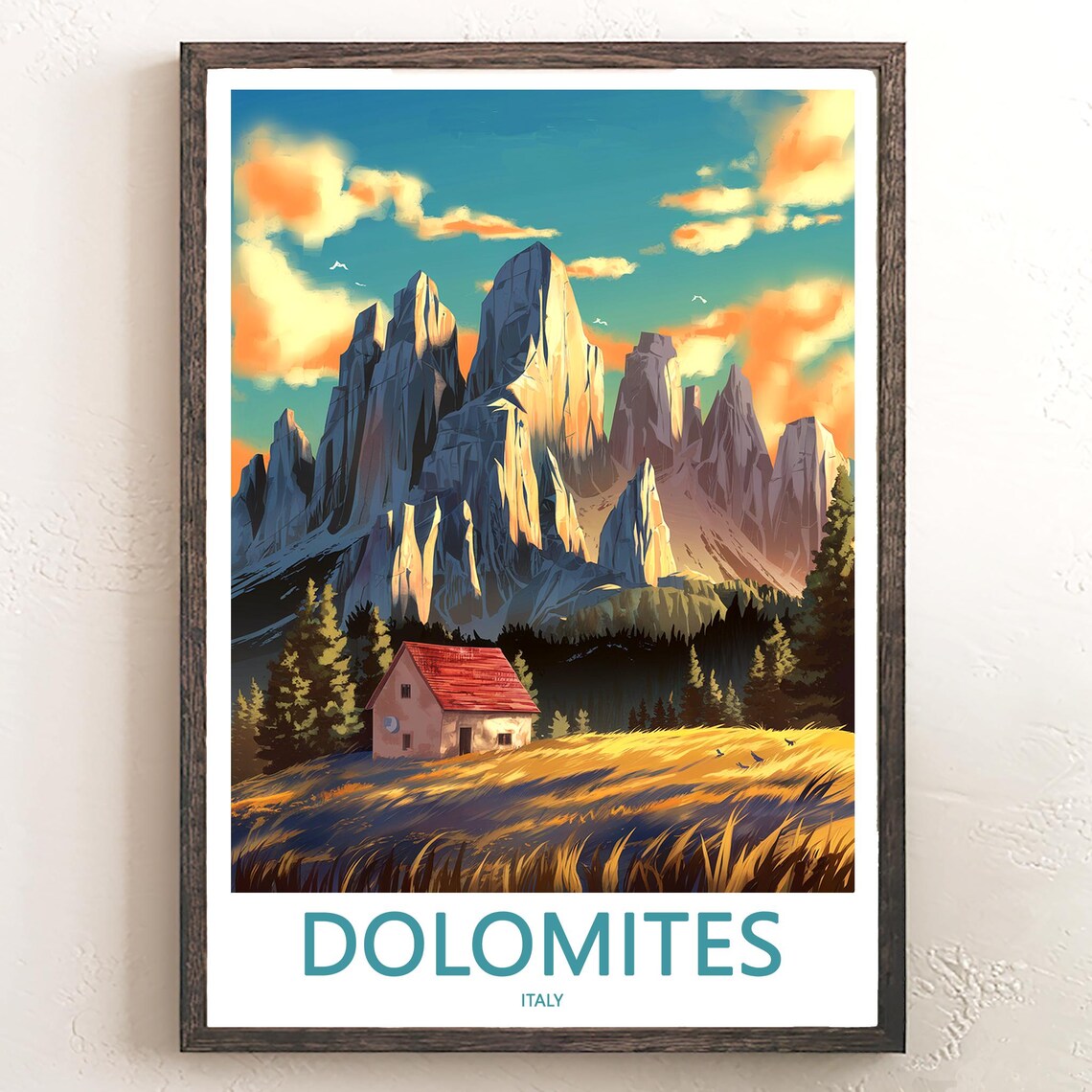 Dolomites Red Roof Hut in Golden Meadow at Sunset Travel Poster