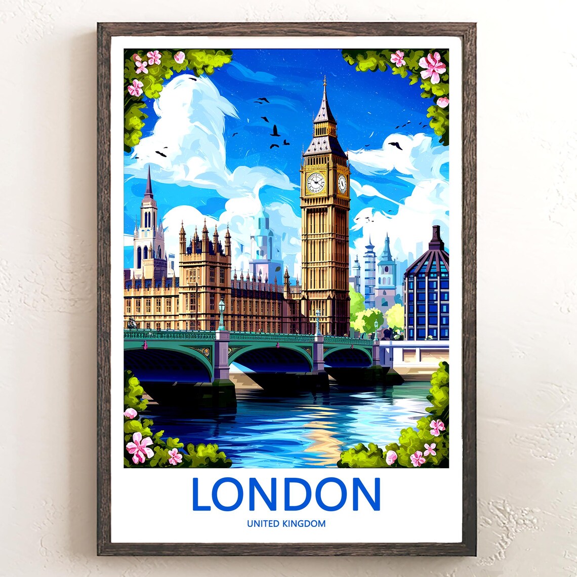 Big Ben Westminster Bridge Floral Spring Illustration Poster