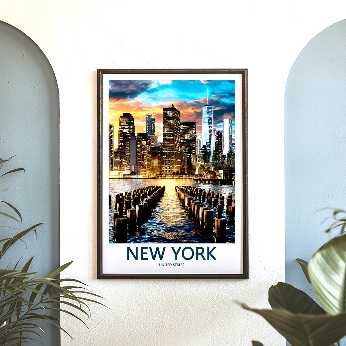 New York Manhattan Sunset Pier Pilings Golden Water Travel Poster - Image 3