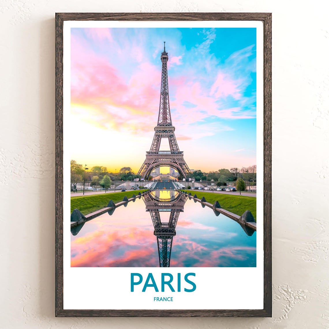 Paris Eiffel Tower Sunset Pool Reflection Teal Sky Photo Poster
