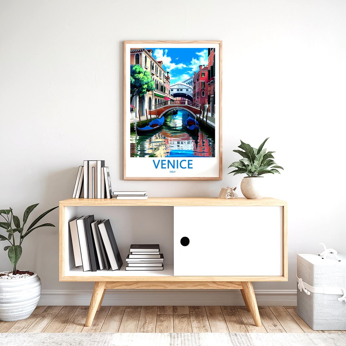 Venice Italy Illustrated Narrow Canal With Bridge And Gondolas Poster - Image 2