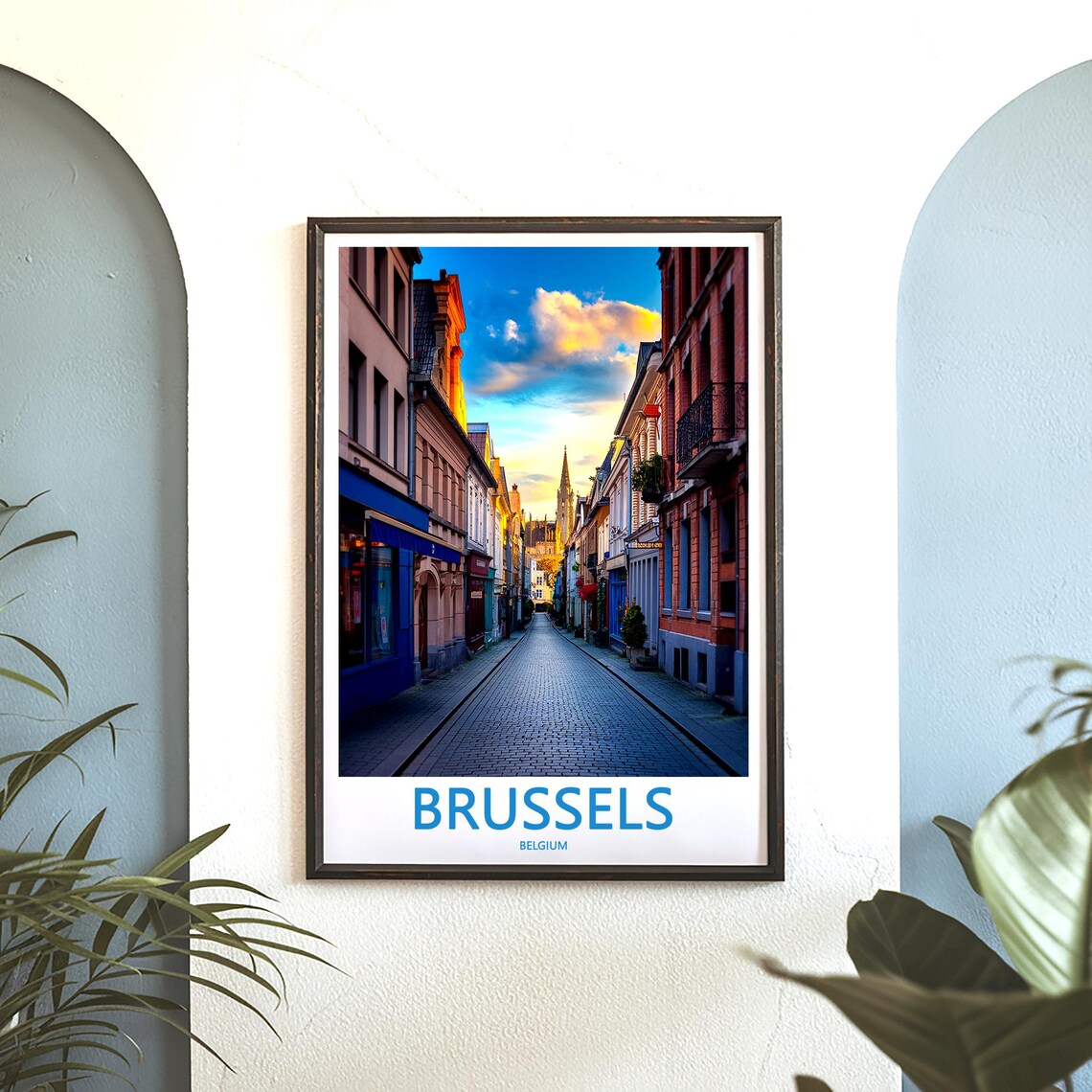 Brussels Cobblestone Street Sunset Photo Golden Light Poster - Image 3