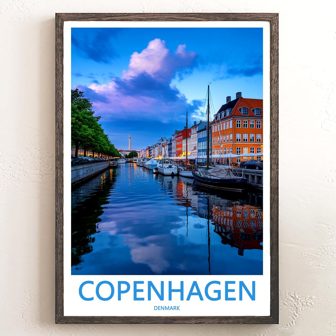 Copenhagen Nyhavn Blue Hour Boats Purple Clouds Denmark Travel Poster
