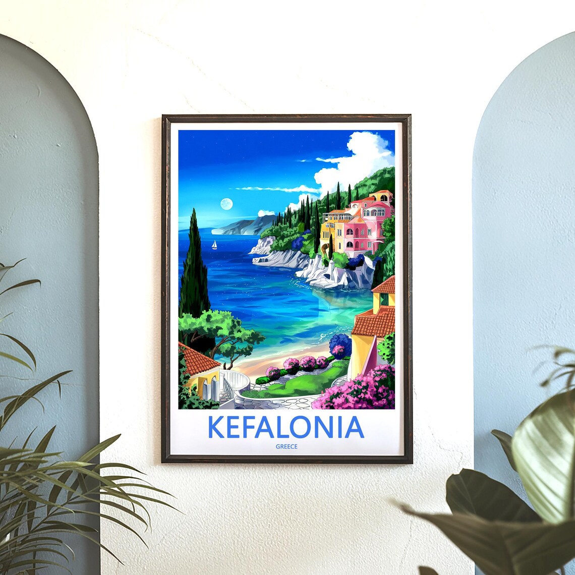 Kefalonia Greece Dusk Bay Flowering Garden Terrace Painted Poster - Image 3