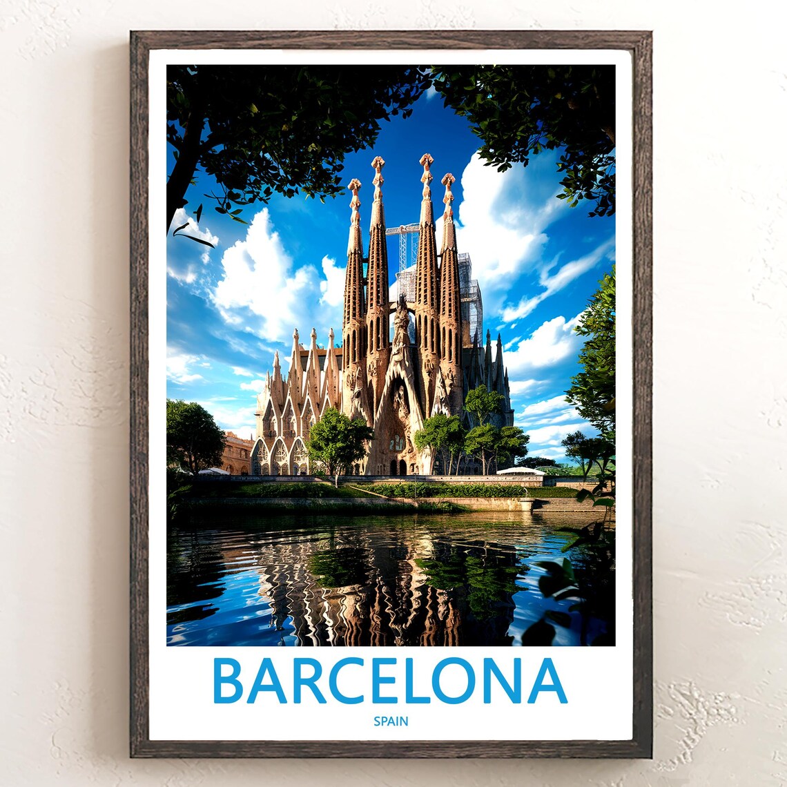 Barcelona Sagrada Familia Water Reflection Dark Branches Travel Poster