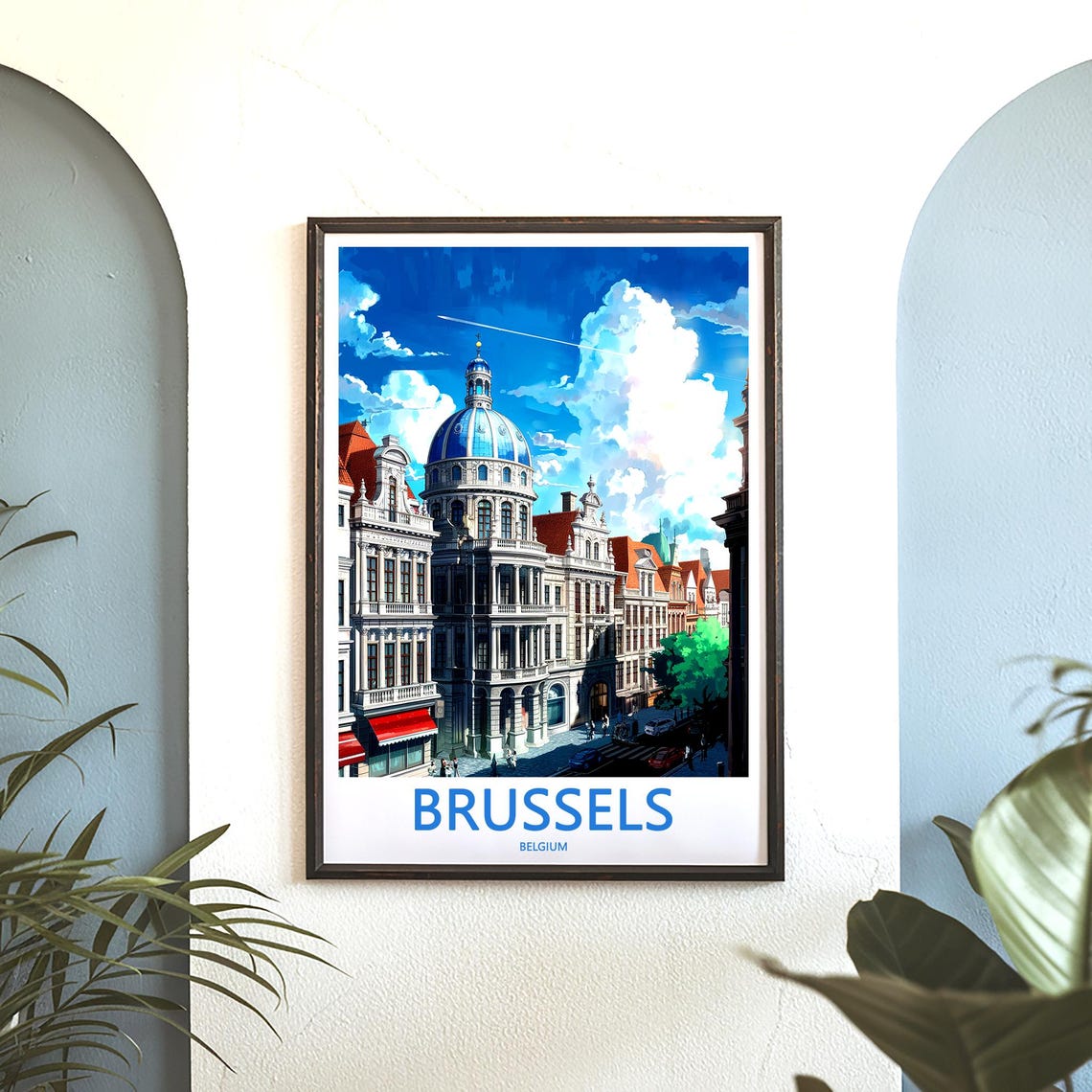 Brussels Belgium Blue Dome Building Street Corner Scene Poster - Image 3