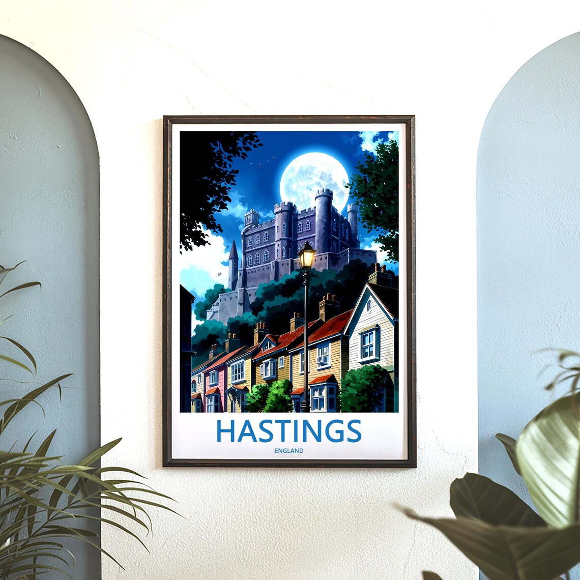 Hastings England Moonlit Castle and Cottages Night View Poster - Image 3