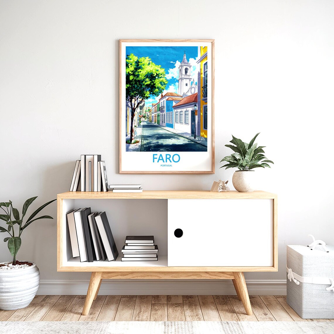 Faro Portugal Old Town Street with White Church Tower Sunny Poster - Image 2
