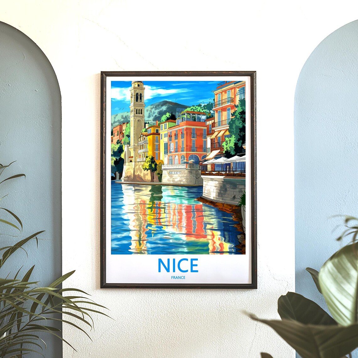 Nice France Bell Tower Waterfront Reflection Travel Art Poster - Image 3