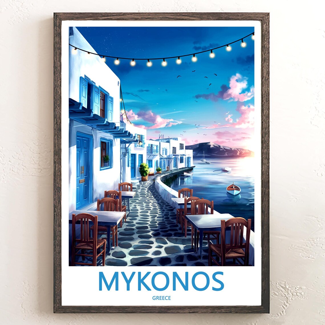 Mykonos Waterfront Dining At Night Greece Travel Decor Poster