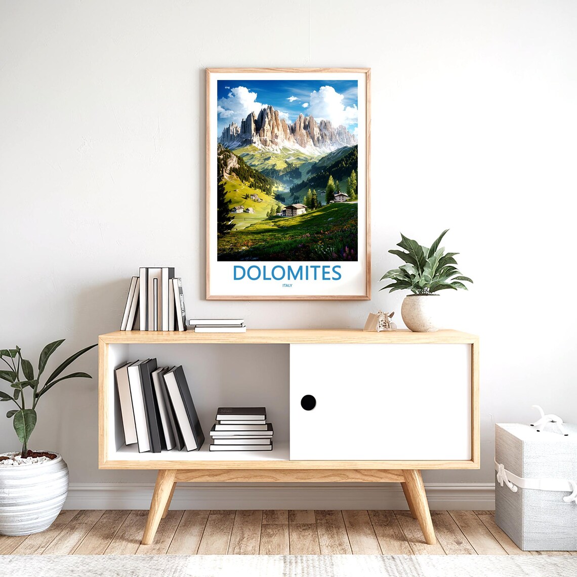 Dolomites Valley Chalets in Sunny Meadow Italy Travel Poster - Image 2
