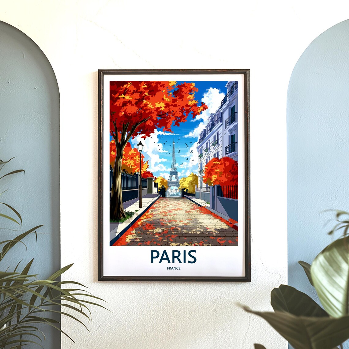Eiffel Tower Ahead on a Brick Avenue Framed by Red Autumn Trees Poster - Image 3