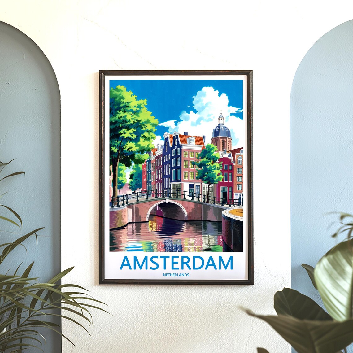 Amsterdam Canal Bridge Illustrated Colorful Gabled Houses Poster - Image 3