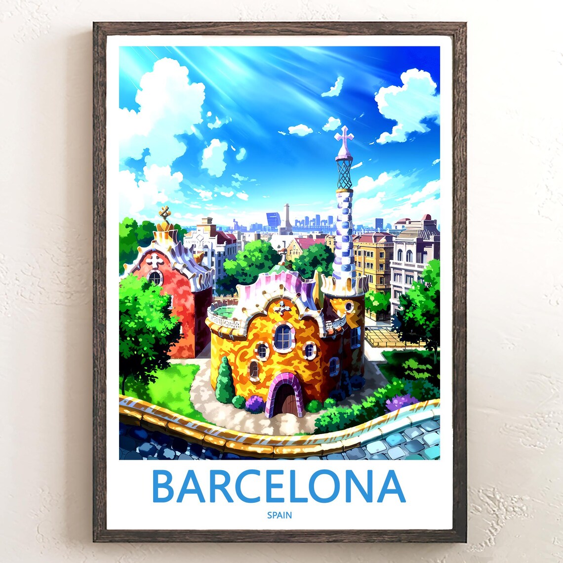 Barcelona Park Güell Cartoon Gatehouse Bright Sunny Day Poster