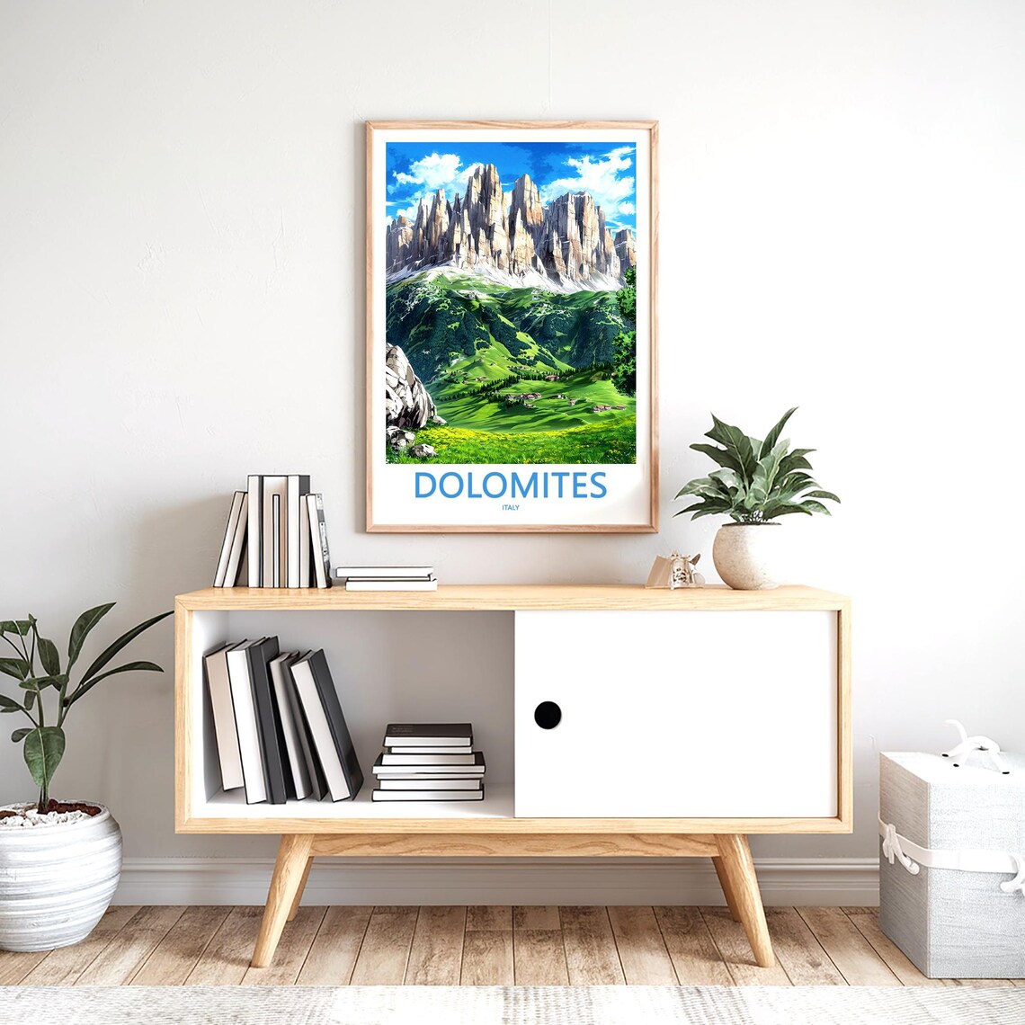 Dolomites Peaks above Green Valley with Cabins Travel Poster - Image 2