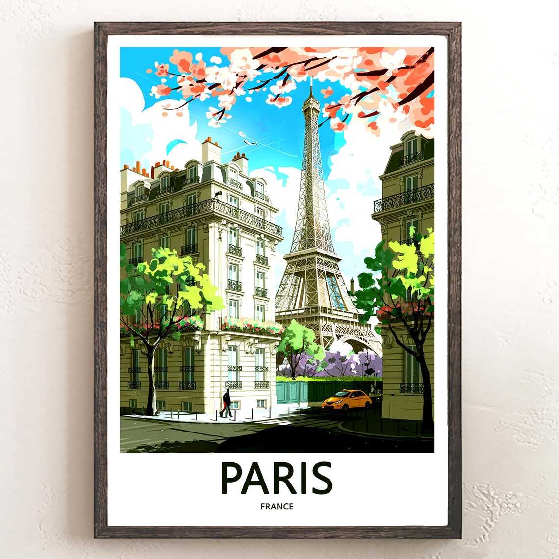 Eiffel Tower Rising Over Parisian Street Corner in Spring Bloom Poster