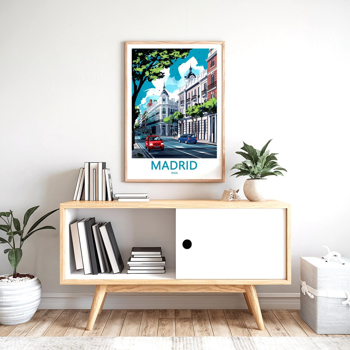 Madrid Sunlit Street Red Blue Classic Cars Illustration Poster - Image 2