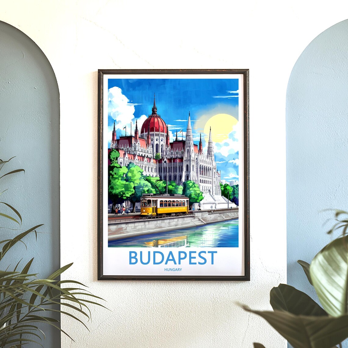 Budapest Hungary Sunny Yellow Tram in Front of Parliament Poster - Image 3