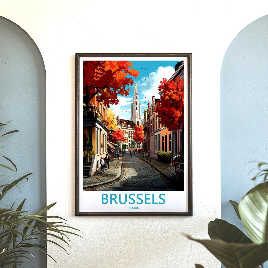 Brussels Belgium Cobblestone Street Red Autumn Trees Scene Poster - Image 3