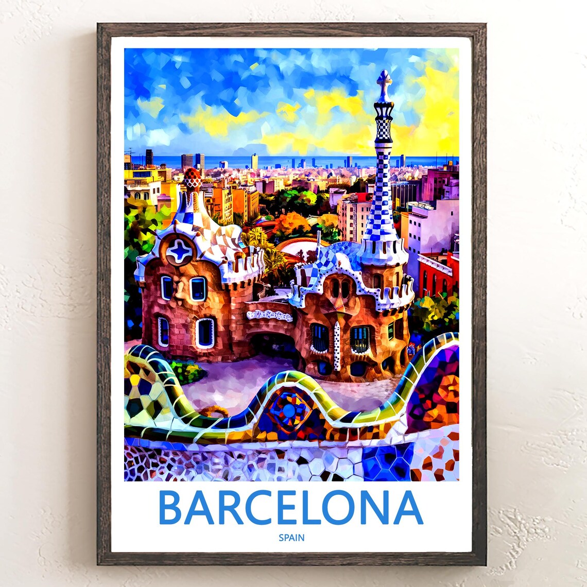 Barcelona Park Güell Gatehouse Mosaic Style Colorful City Poster
