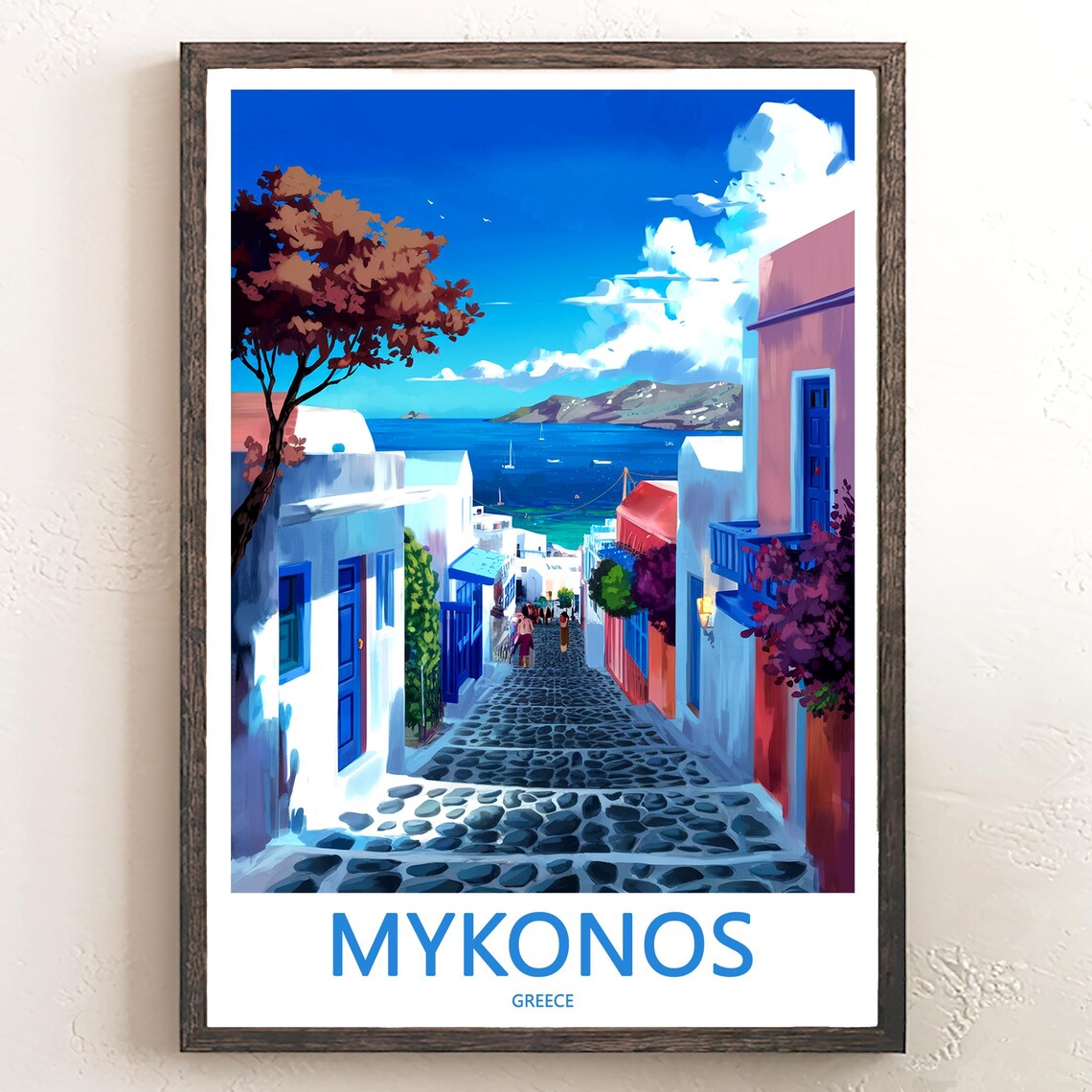 Mykonos Street Walkers Sailboats Bay View Greece Decor Poster