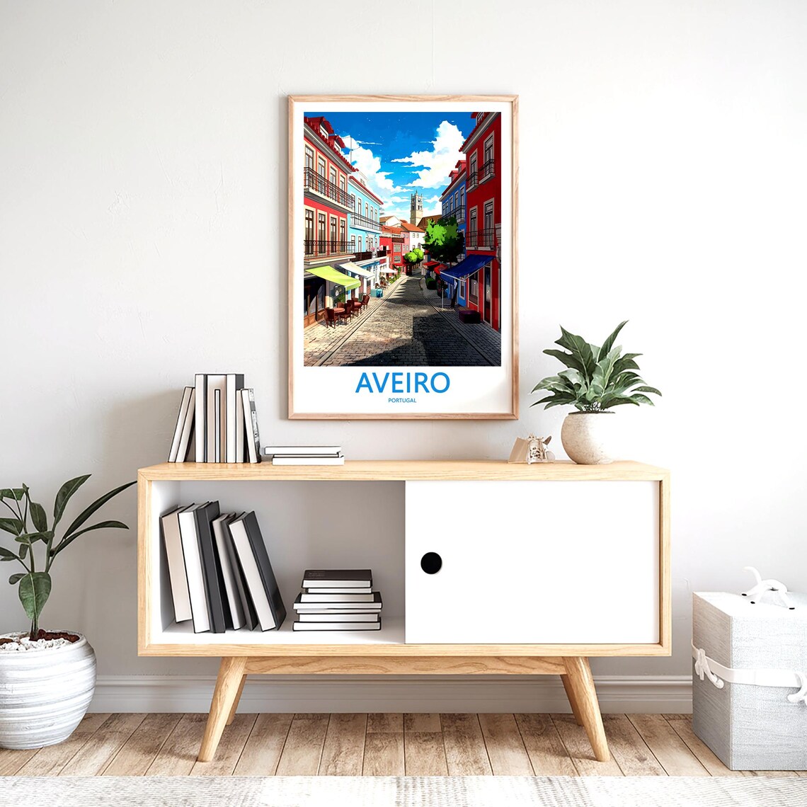 Aveiro Portugal Old Town Cobblestone Street Cafés Travel Poster - Image 2