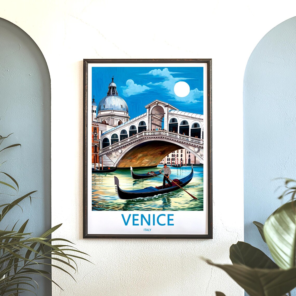 Venice Rialto Bridge Moonlit Gondolier Vintage Illustration Poster - Image 3