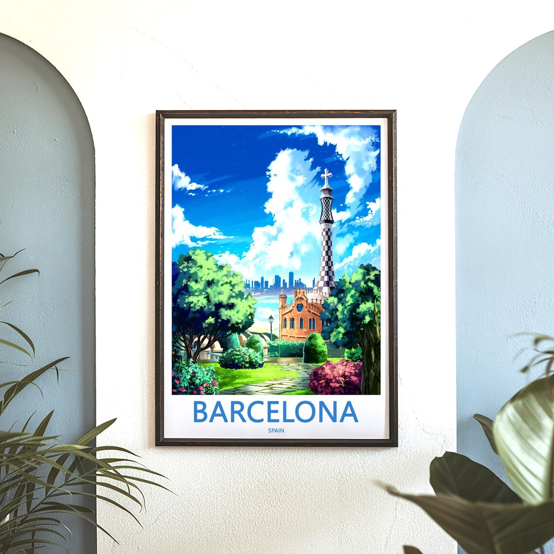 Barcelona Park Güell Tower Anime Garden Path Bright Travel Poster - Image 3
