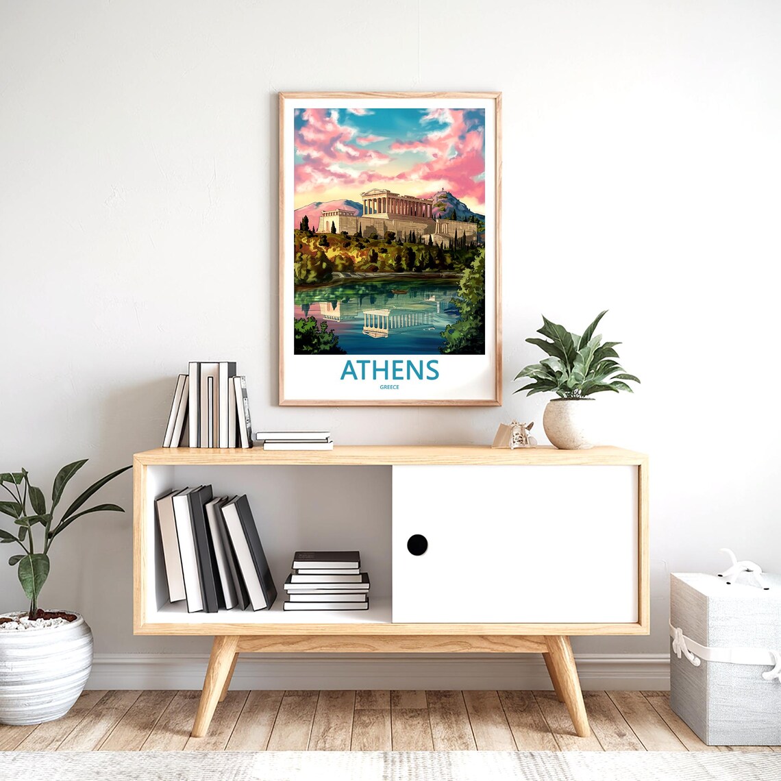 Athens Parthenon Lake Reflection Pink Clouds Illustrated Poster - Image 2