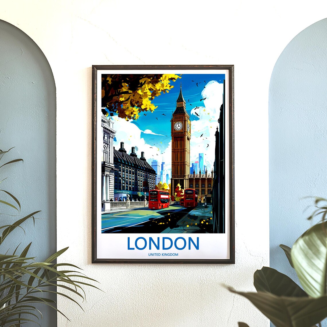 London Big Ben Red Buses Street Golden Autumn Foliage Poster - Image 3