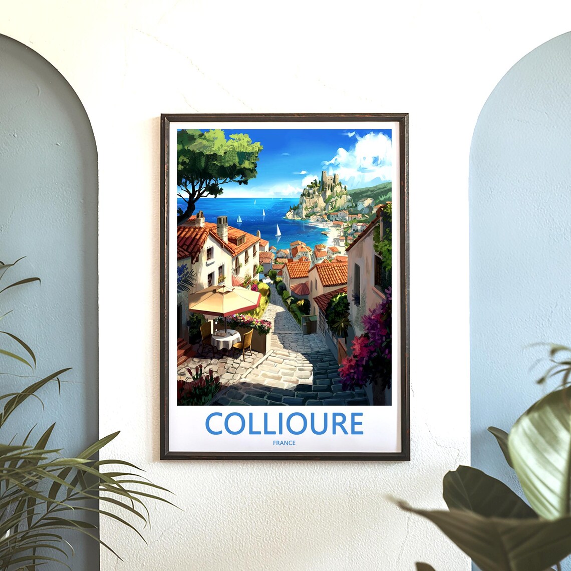 Collioure Coastal Town Street and Sailboats France Travel Poster - Image 3