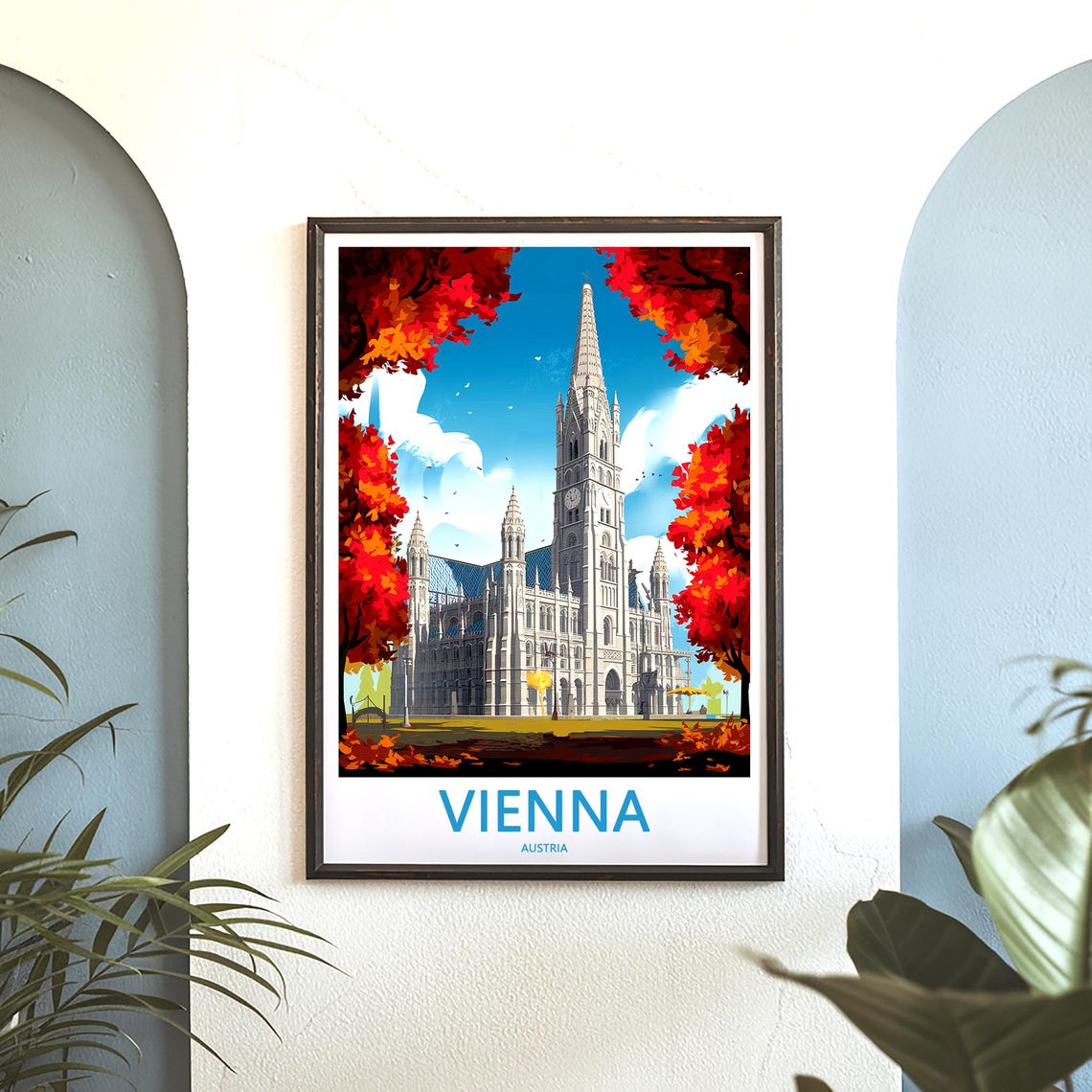 Vienna Austria Gothic Church Framed by Red Autumn Trees Poster - Image 3