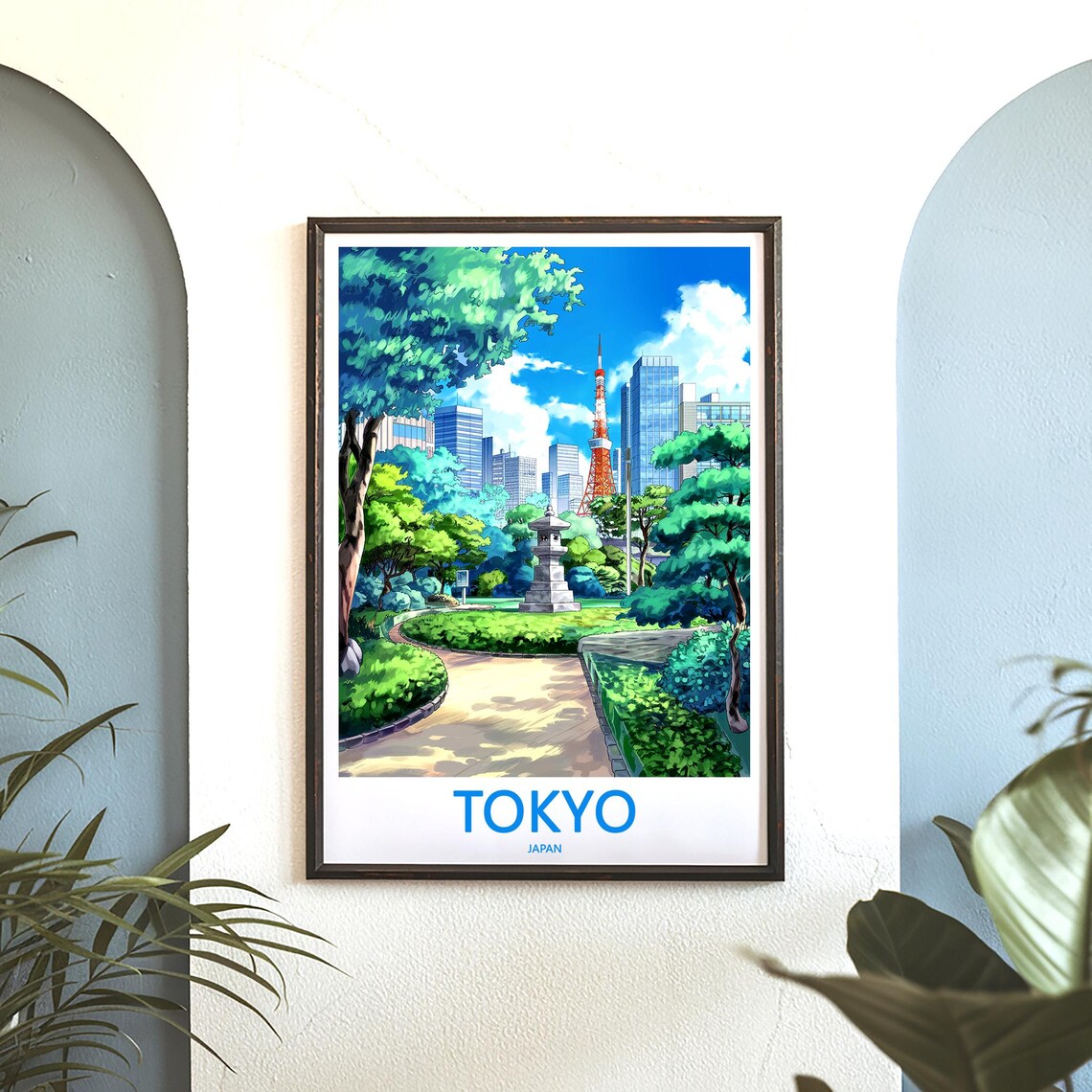 Illustrated Tokyo Park Stone Lantern with Tokyo Tower Beyond Poster - Image 3