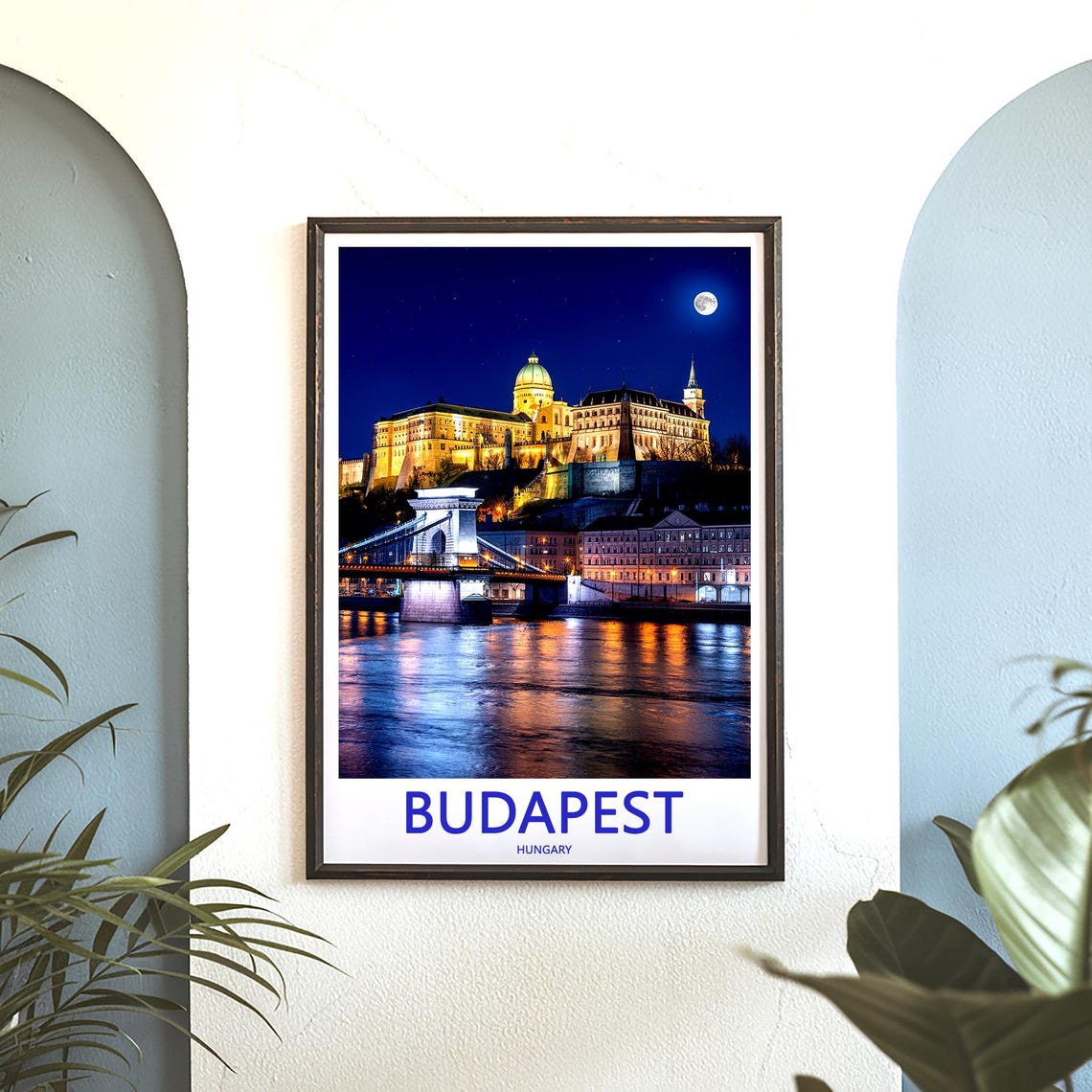 Budapest Hungary Castle Night With Chain Bridge and Moon Poster - Image 3