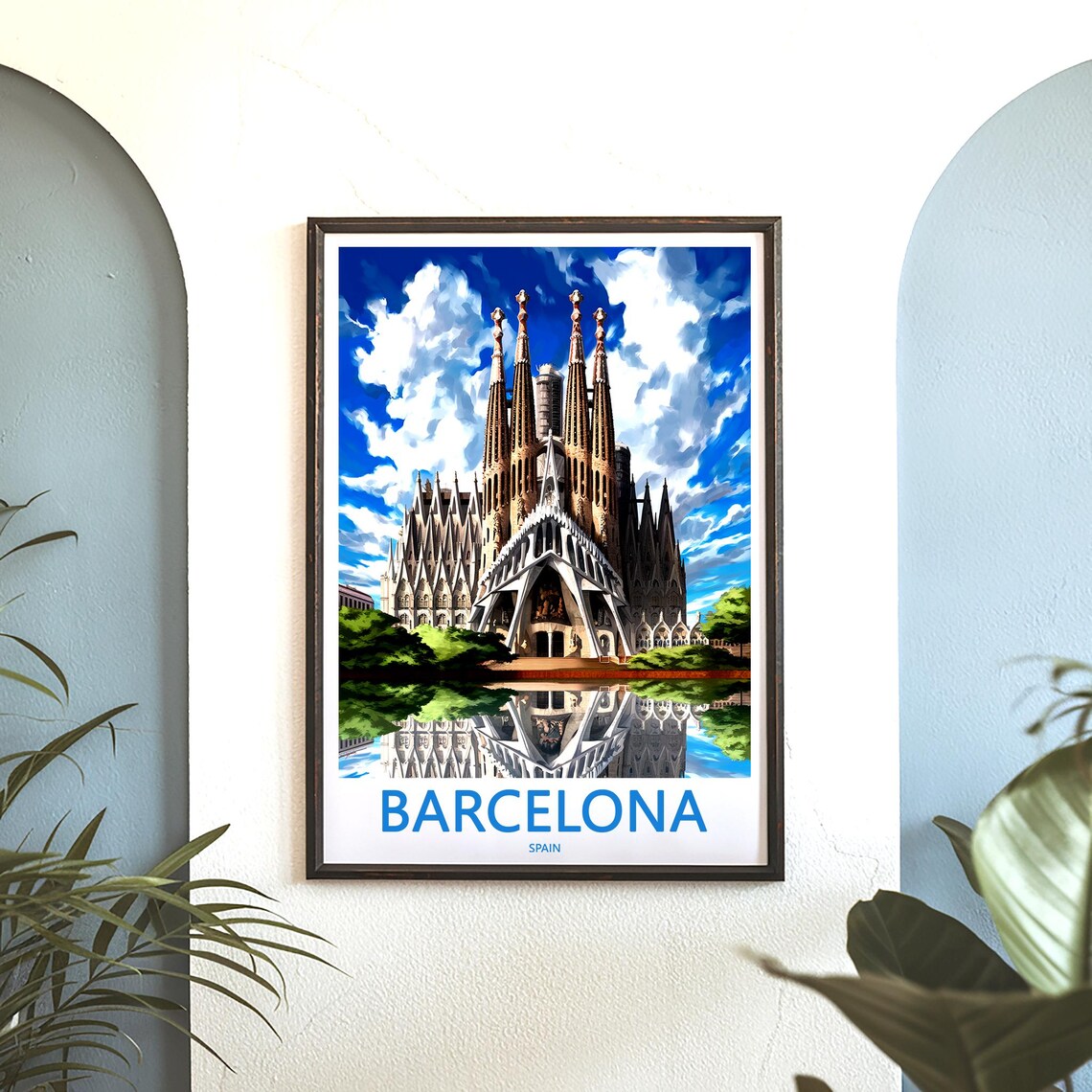 Barcelona Sagrada Familia Water Reflection Front Facade Travel Poster - Image 3