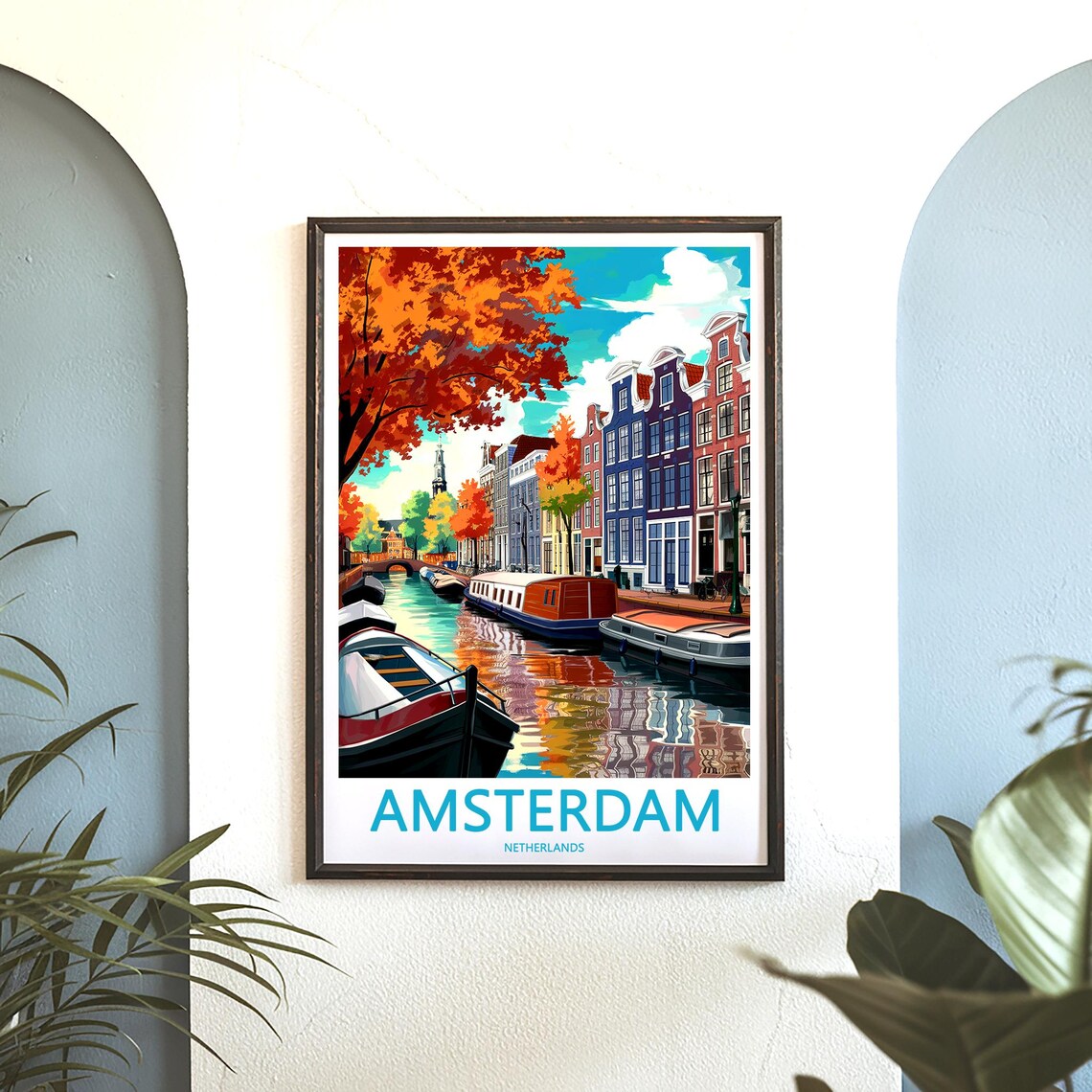 Amsterdam Autumn Canal Bridge Houseboats Vintage Style Poster - Image 3