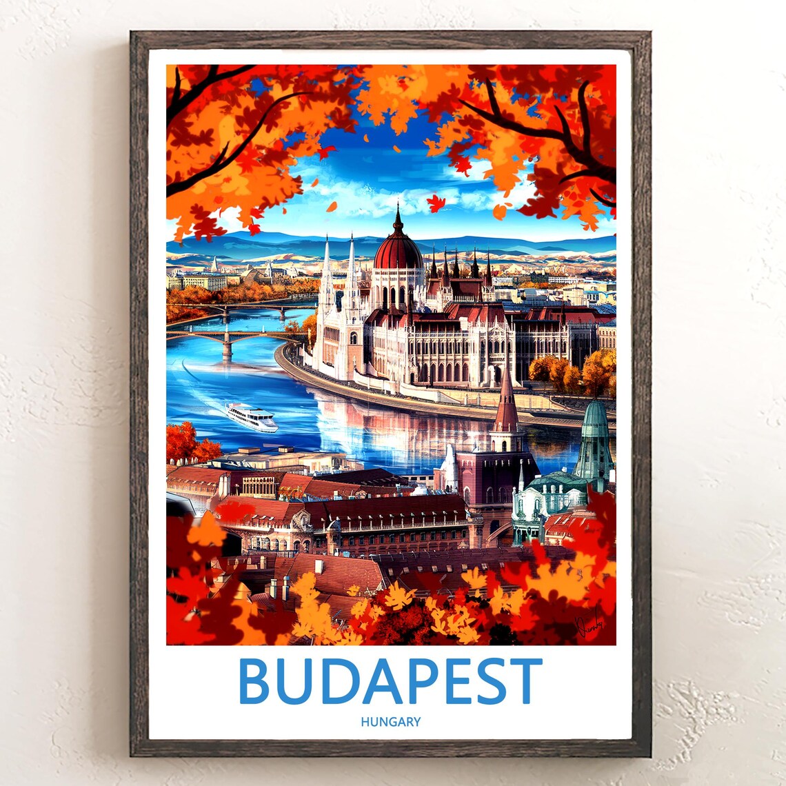 Budapest Hungary Parliament Autumn Danube Painted Travel Poster