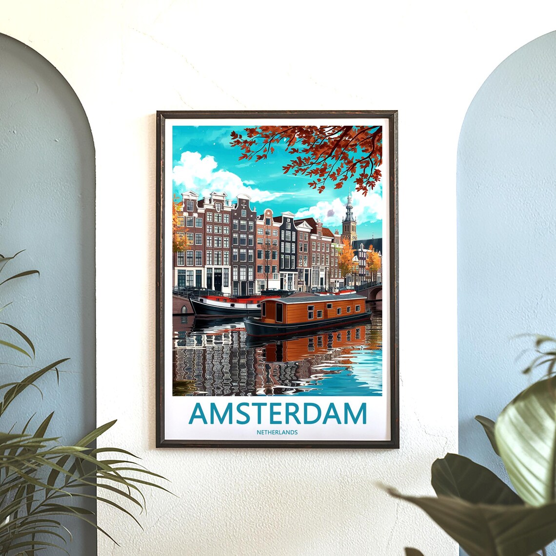 Amsterdam Illustrated Canal with Houseboats Autumn Art Poster - Image 3