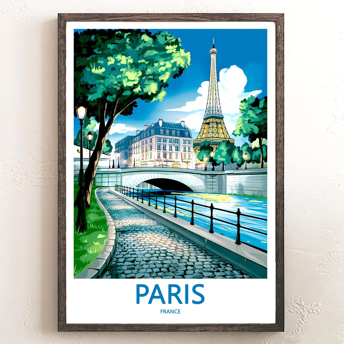 Eiffel Tower Over the Seine Illustrated Paris France Travel Poster
