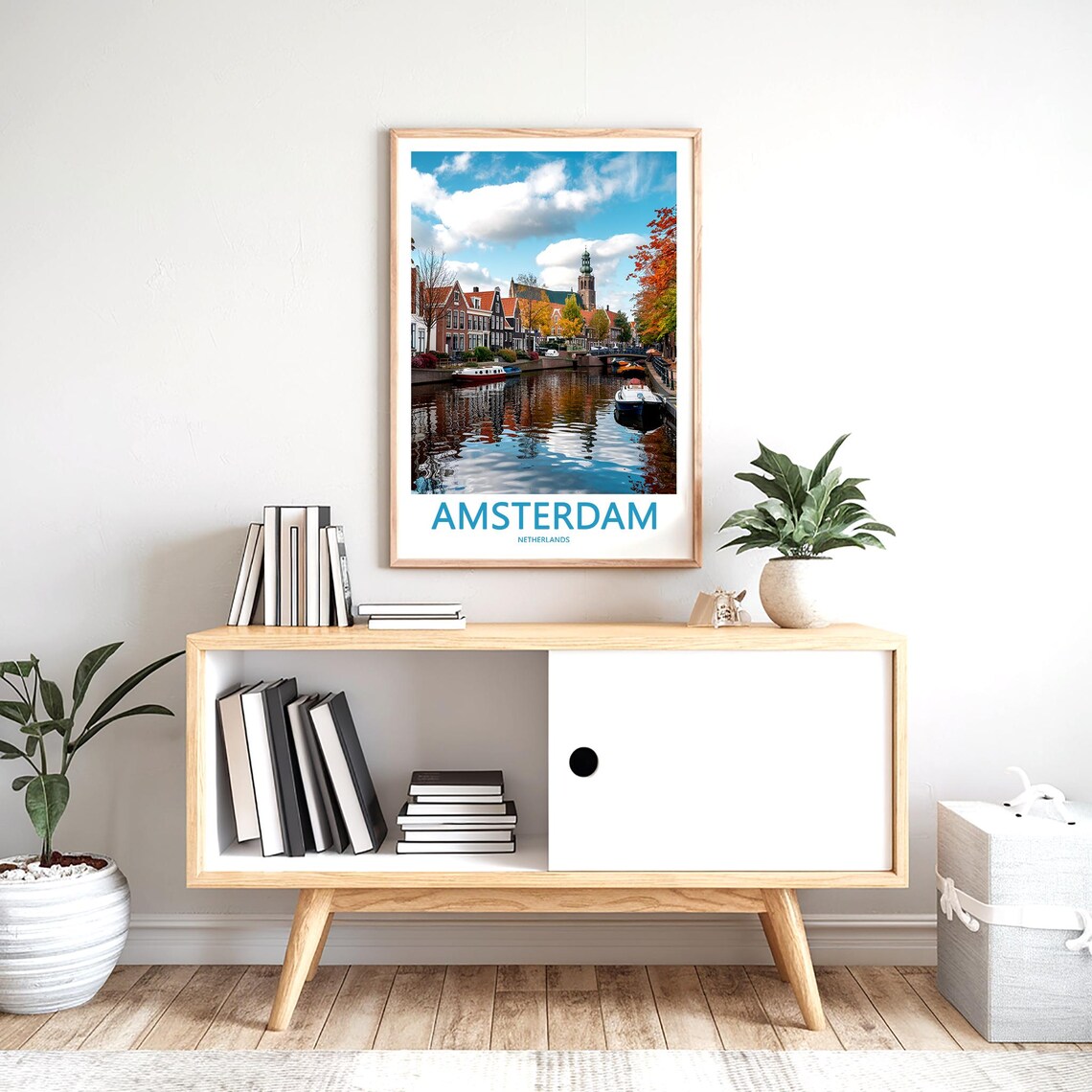 Amsterdam Autumn Canal with Moored Boats and Church Tower Poster - Image 2
