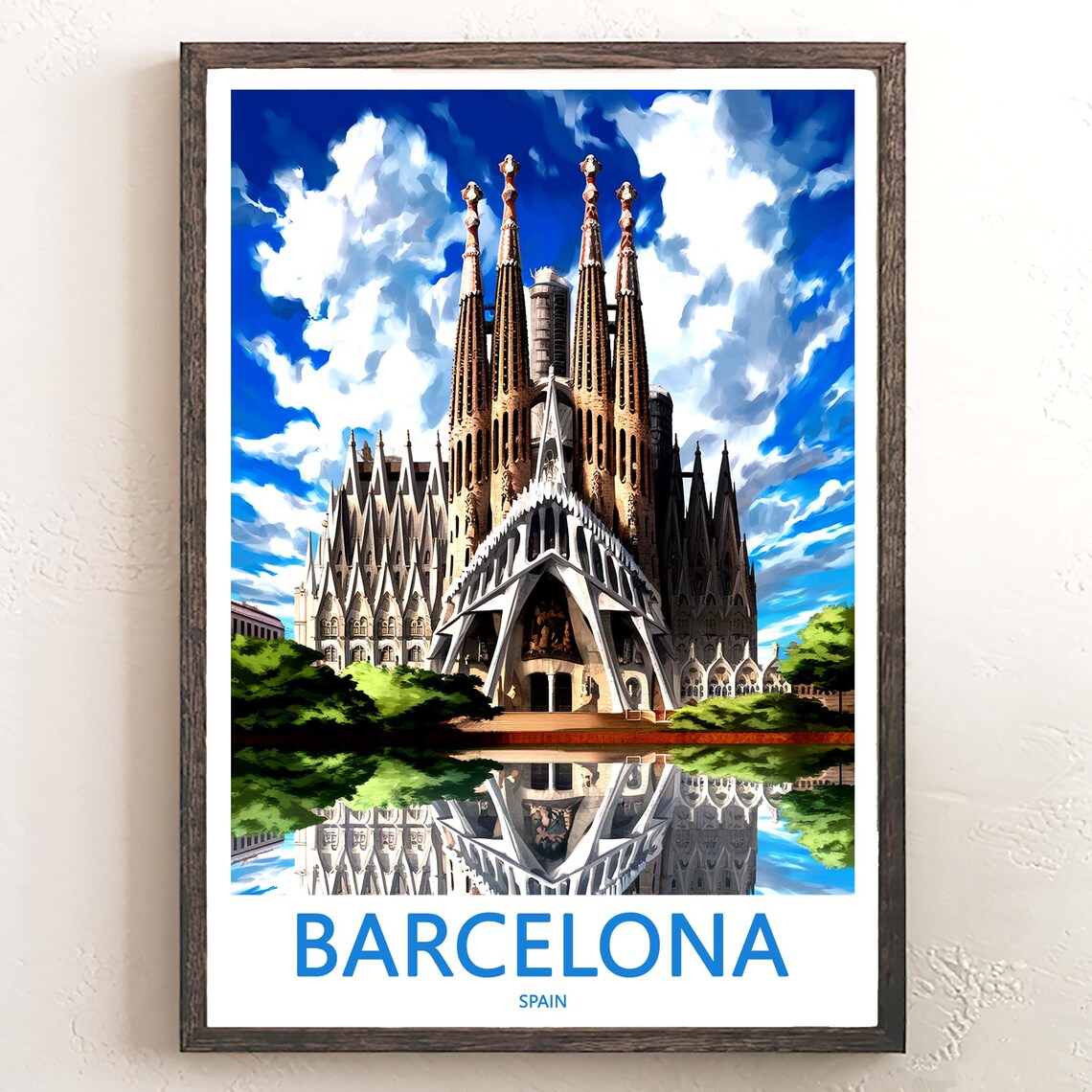Barcelona Sagrada Familia Water Reflection Front Facade Travel Poster