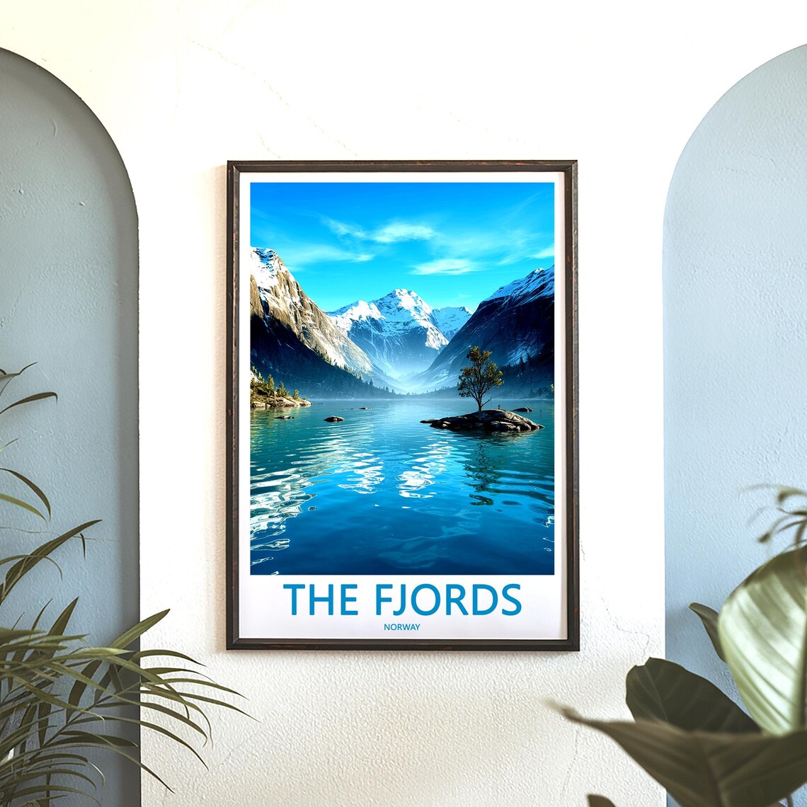 The Fjords Norway Snowy Peak Lone Tree Islet Illustrated Poster - Image 3