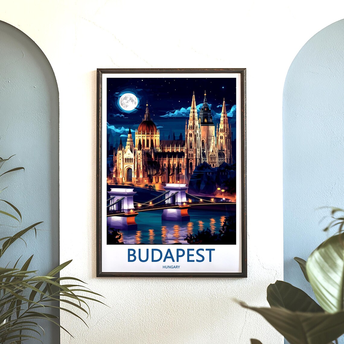 Budapest Hungary Matthias Church Night Chain Bridge Moon Poster - Image 3