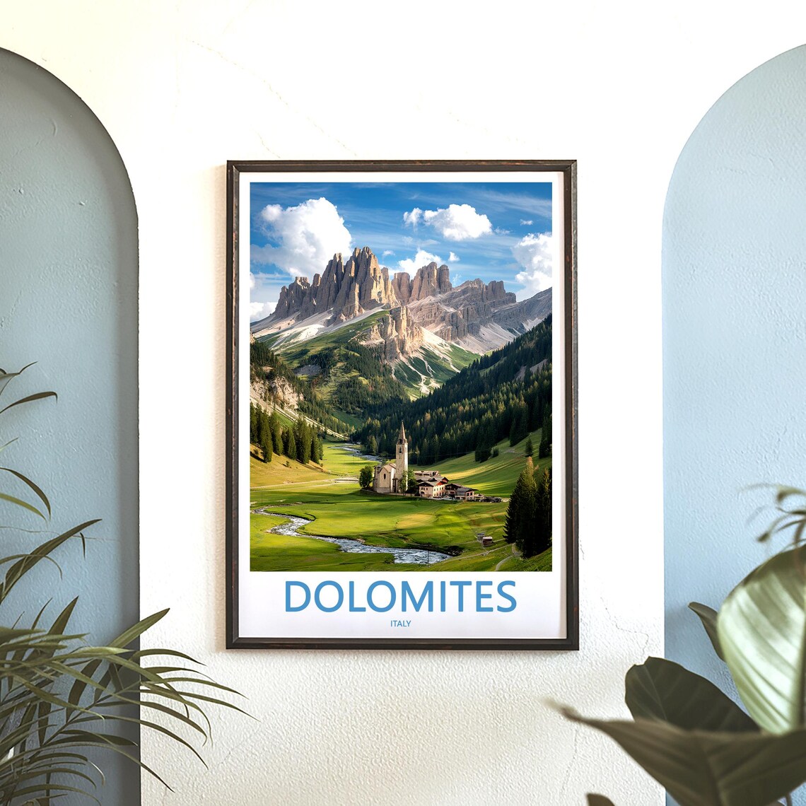 Dolomites Village Church by Stream in Green Valley Italy Poster - Image 3