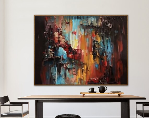 Large Abstract Dark Colored Painting Modern Style Horizontal Artwork Original Hand Painted Art Thick Textured Painting Custom Wall Decor
