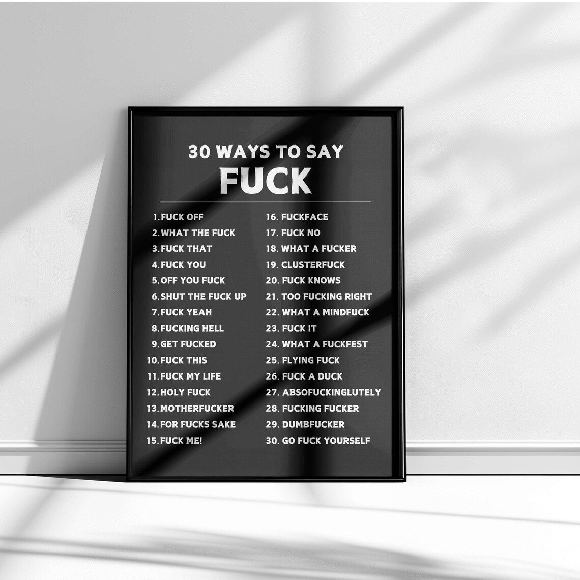 30 Ways To Say Fuck Numbered List Black And White Swear Word Poster - Image 5