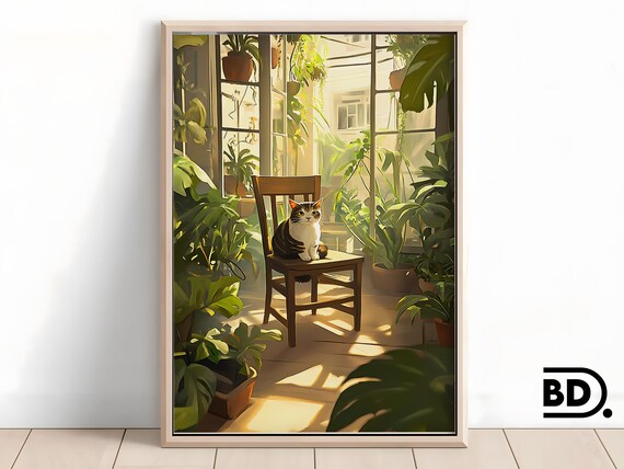 Tabby Cat on a Chair Sunlit Plant Room Cozy Illustration Poster